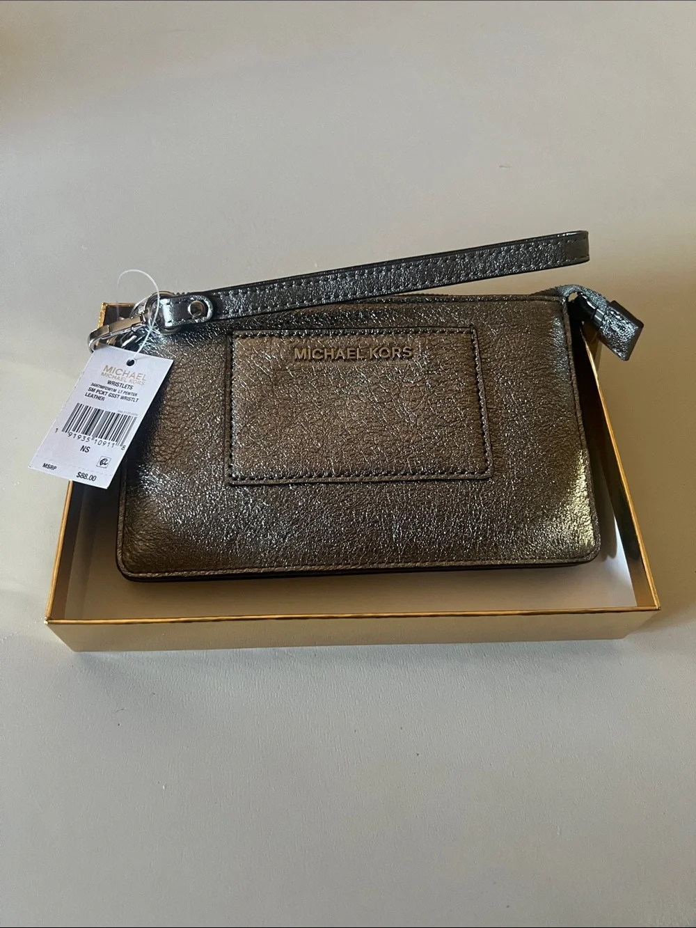 Michael Kors Metallic Gunmetal Leather Wristlet Clutch